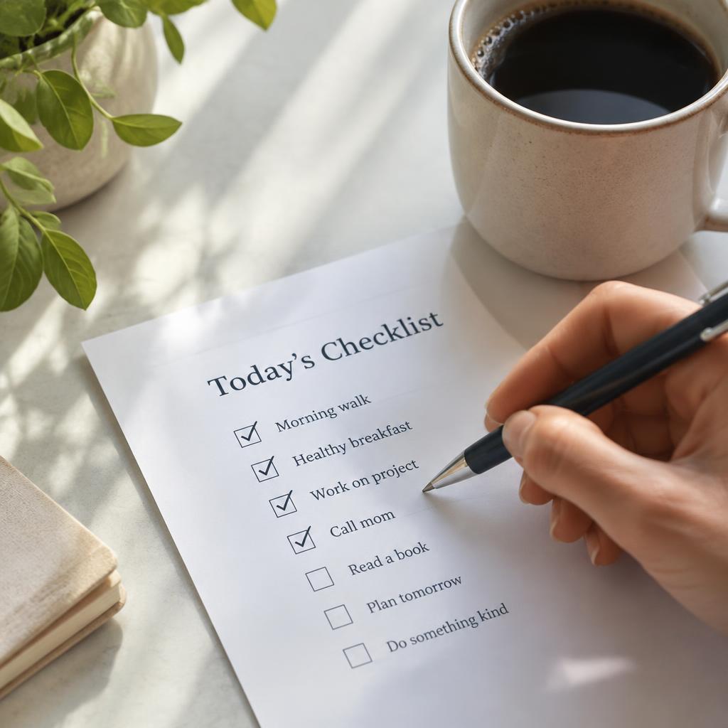 Hand ticking off a printed checklist