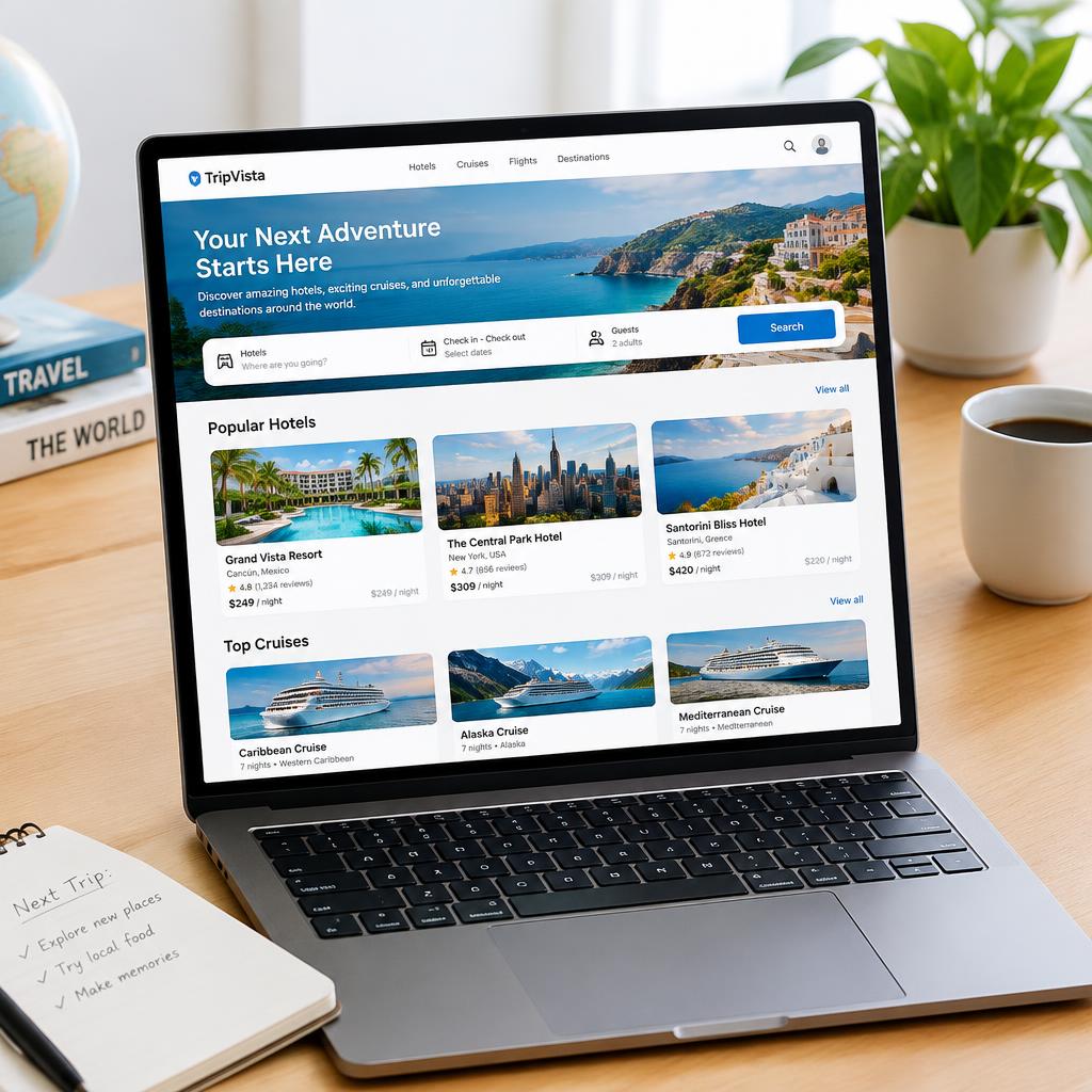 Laptop showing a travel booking dashboard